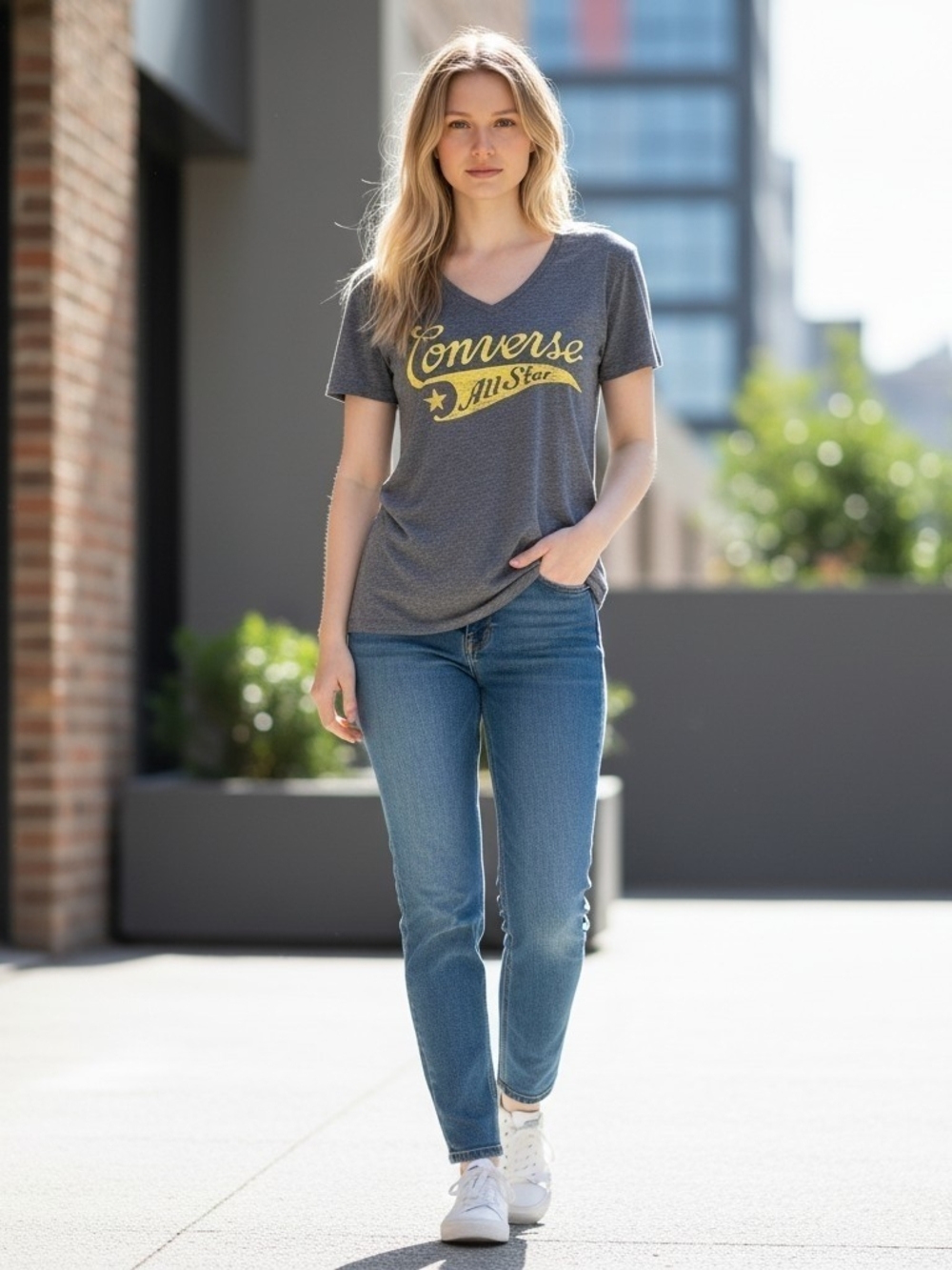 Converse Women's Charcoal V-Neck Tee with Yellow All Star Logo - Picture 6 of 12